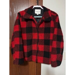 Coldwater Creek Red Black Buffalo Plaid Faux Fur Sherpa Jacket Womens PXL Petite